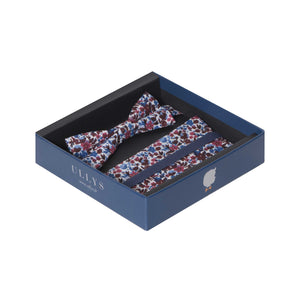DANDY BOX IV - NOEUD PAPILLON ET POCHETTE COTON A MOTIF FLORAL BLEU, BLANC, ROUGE