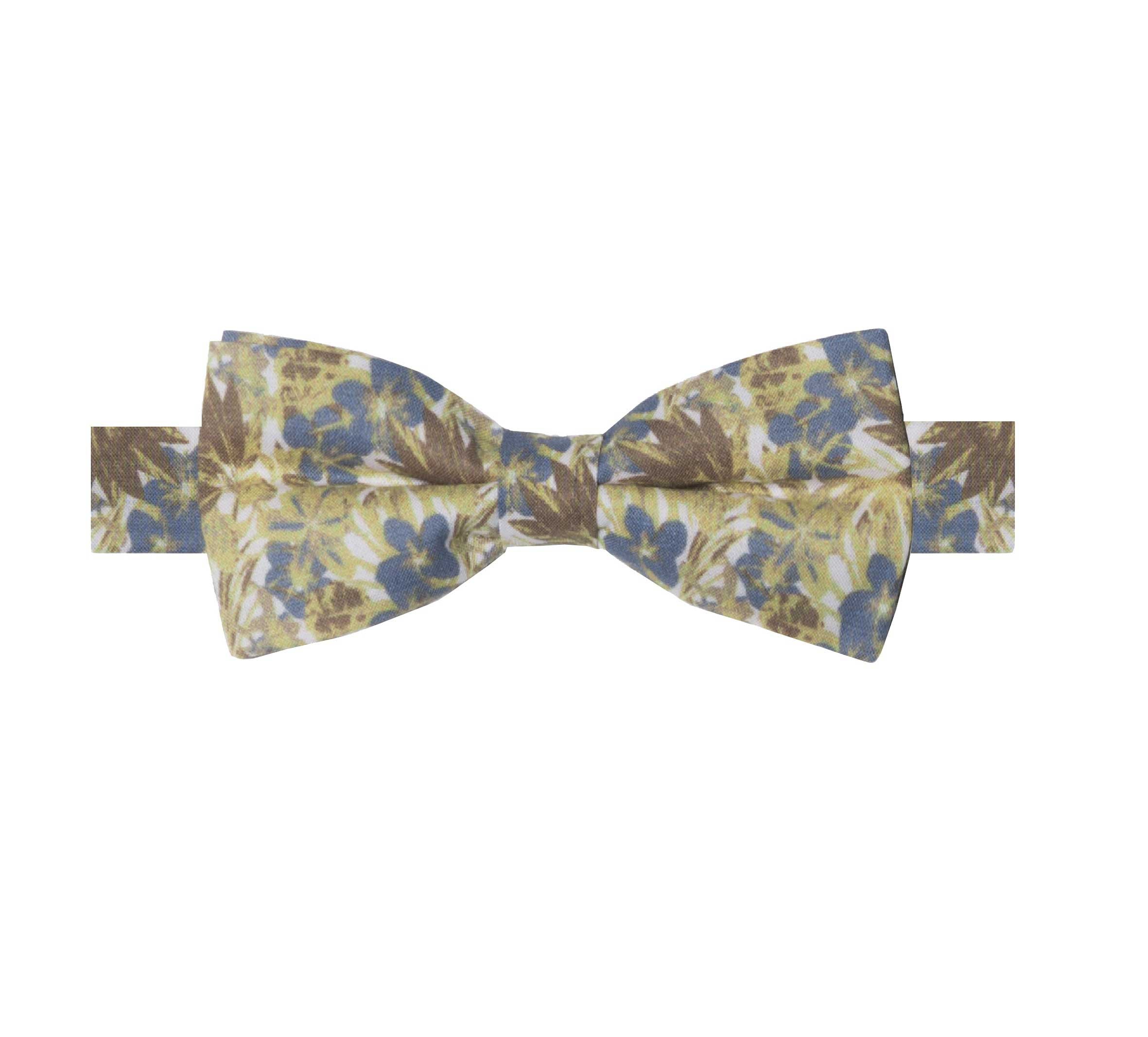 DANDY BOX IX NOEUD PAPILLON ET POCHETTE COTON A MOTIF FLORAL - BLEU, MOUTARDE, MARRON ET BLANC