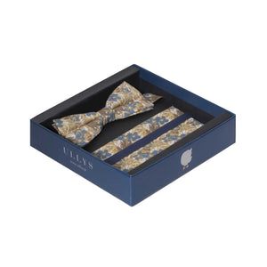 DANDY BOX IX NOEUD PAPILLON ET POCHETTE COTON A MOTIF FLORAL - BLEU, MOUTARDE, MARRON ET BLANC