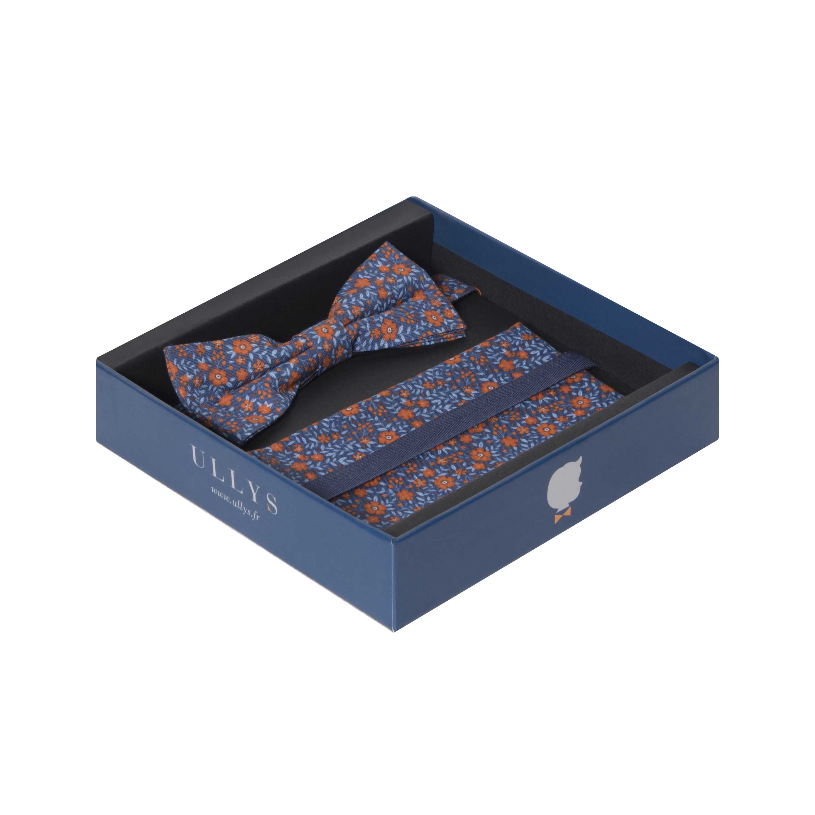 DANDY BOX XVII - NOEUD PAPILLON ET POCHETTE COTON À MOTIF FLORAL - BLEU, BLEU CIEL ET ORANGE