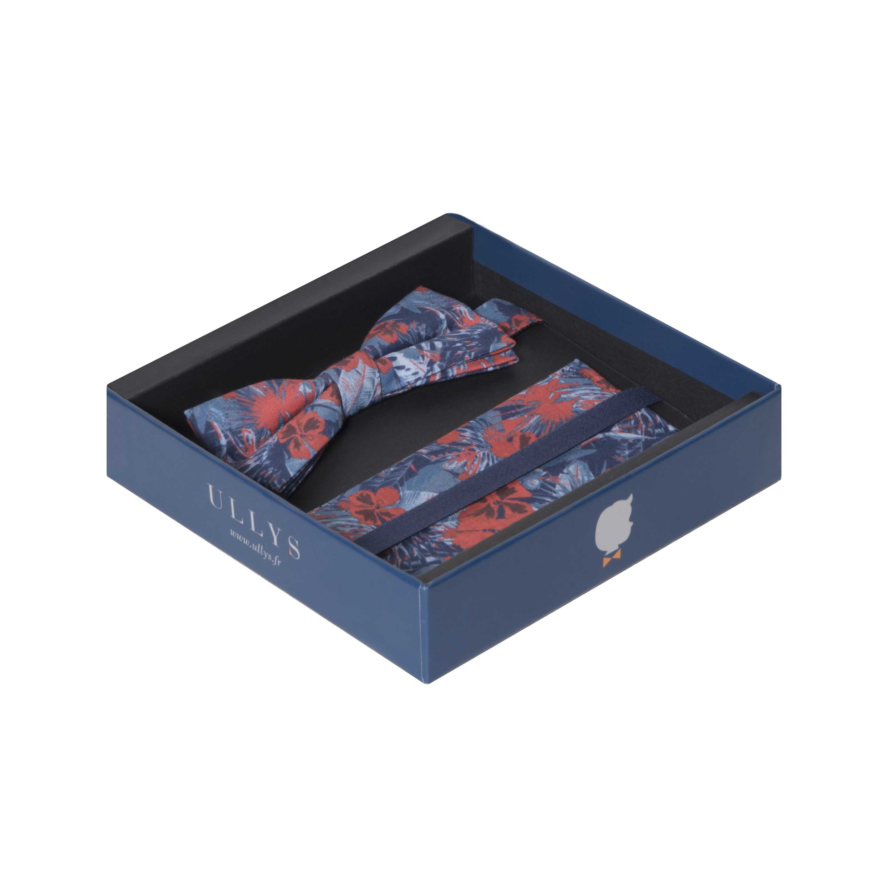 DANDY BOX XXI - NOEUD PAPILLON ET POCHETTE COTON À MOTIF TROPICAL – BLEU ET ROUGE