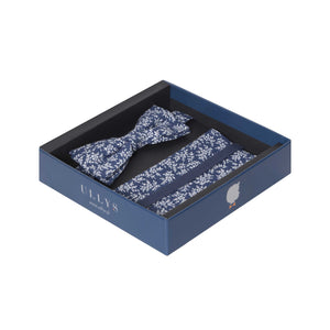 DANDY BOX XXVII - NOEUD PAPILLON ET POCHETTE COTON A MOTIF FLORAL BLEU et BLANC