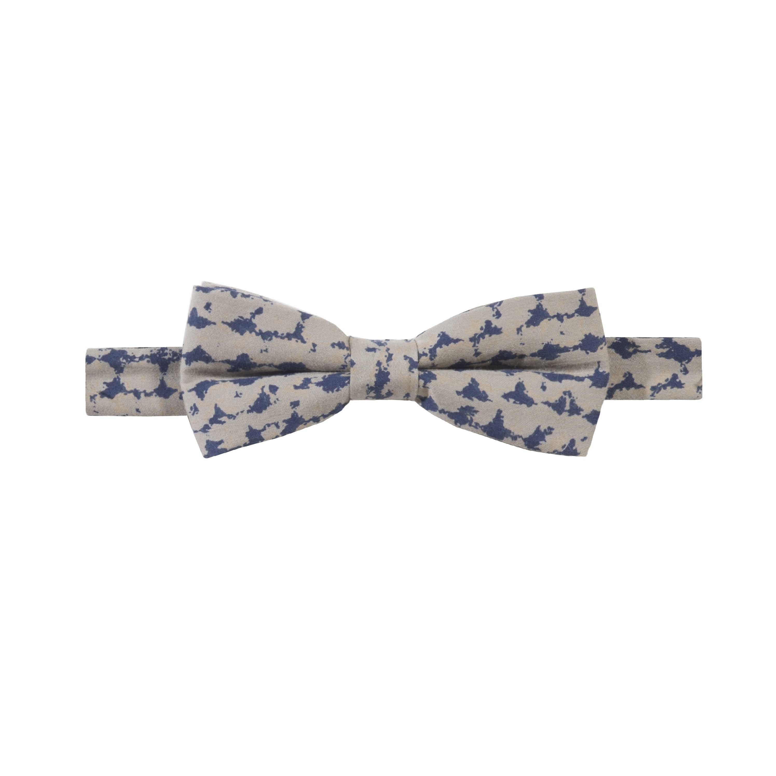 HIPPOLITE - NOEUD PAPILLON COTON À MOTIF TACHES D’ENCRE – BEIGE ET BLEU