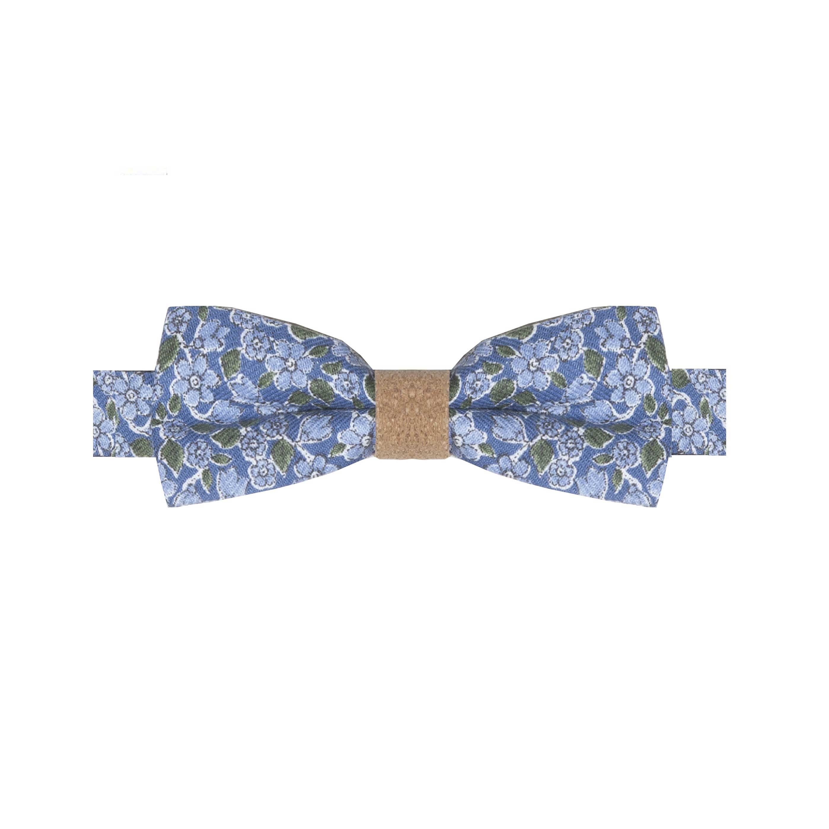 GAIA II - NOEUD PAPILLON COTON À MOTIF FLORAL ET LIÈGE UNI – BLEU, BLANC ET VERT