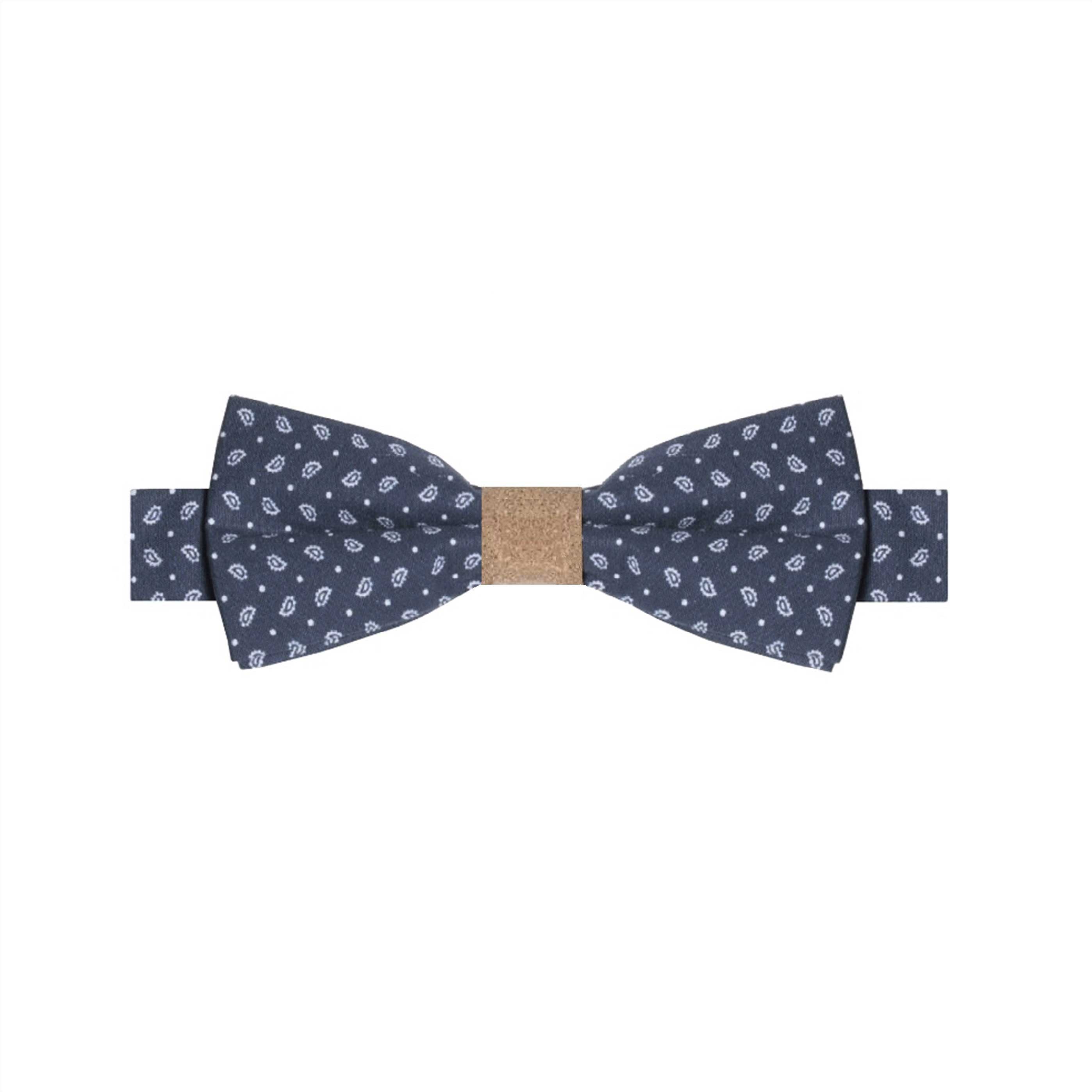 HYACINTHE II - NOEUD PAPILLON COTON ET LIÈGE À MICRO-MOTIF PAISLEY – BLEU MARINE ET BLANC