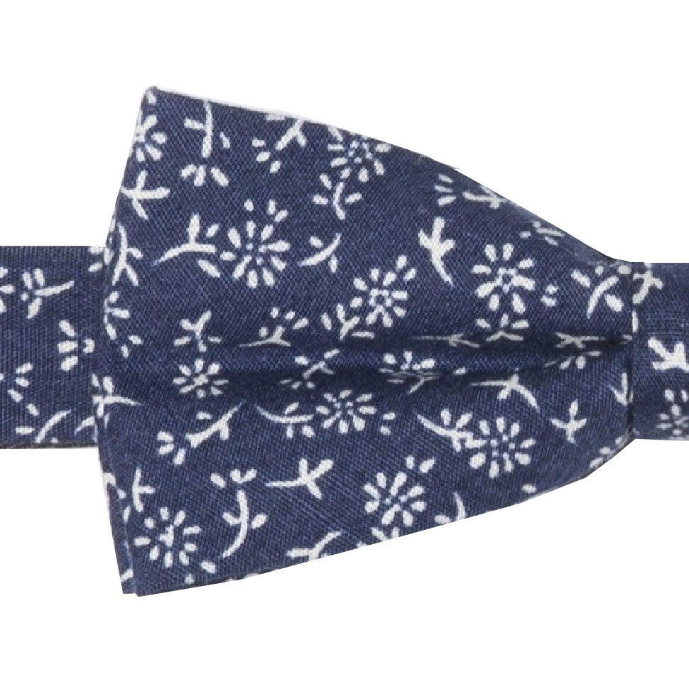 NARCISSE - NOEUD PAPILLON COTON À MOTIF FLORAL – BLEU MARINE ET BLANC