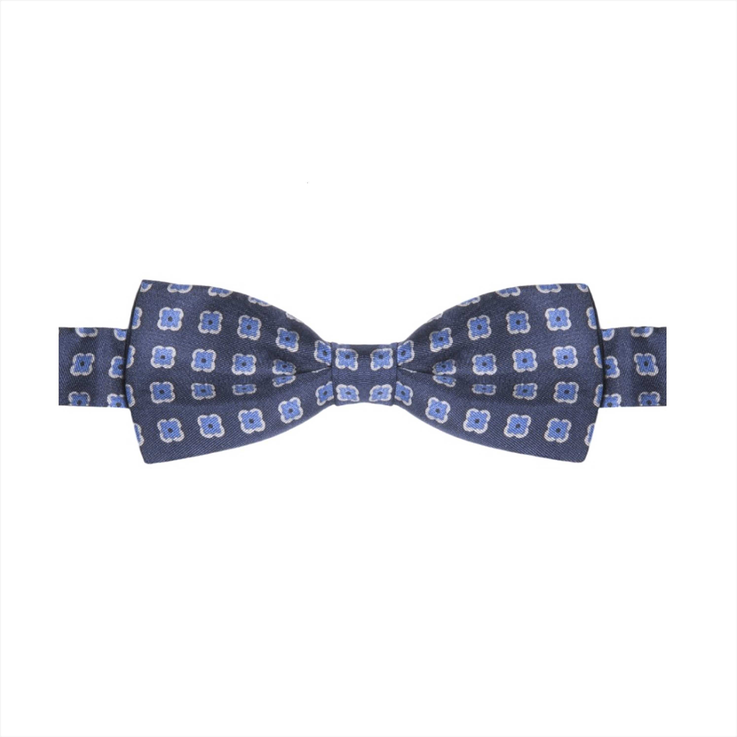 ÉOLE NOEUD PAPILLON SOIE À MOTIF GÉOMETRIQUE – BLEU INDIGO, BLEU CIEL ET BLANC